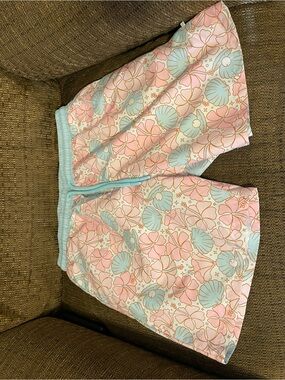 Caden Lane Men’s Swim Trunks in Pastel Pink and Light Blue Seashell Print